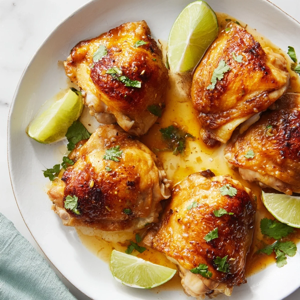Juicy Cuban Mojo Chicken Thighs garnished with fresh cilantro and served alongside lime wedges