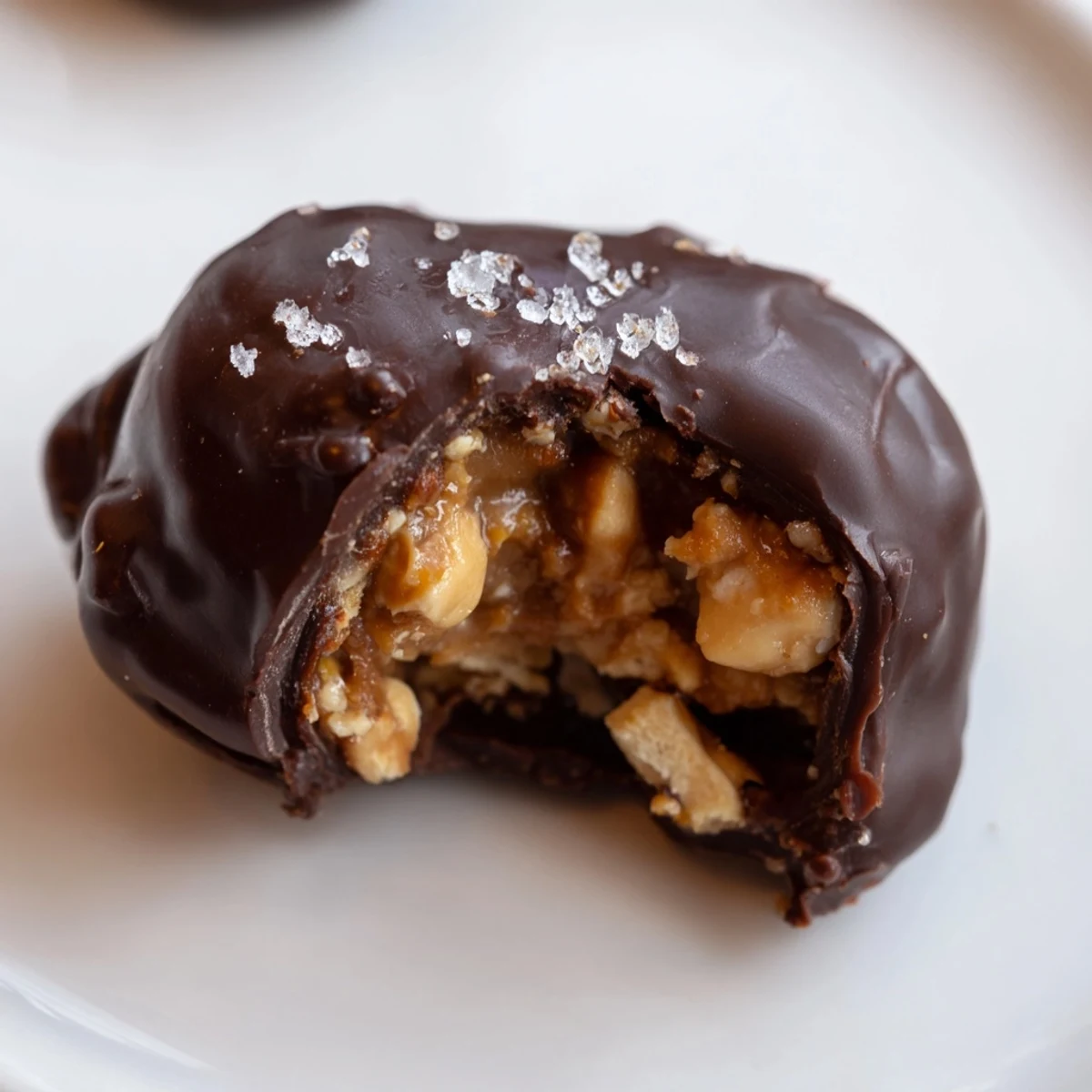 Vegan Date Snickers candy alternative showing creamy nut butter filling and chopped peanuts inside sweet Medjool dates