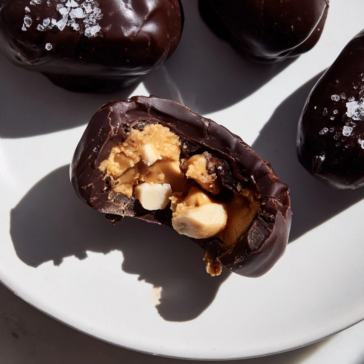 Homemade Stuffed Date Snickers featuring peanut butter, roasted peanuts, and dark chocolate coating topped with sea salt