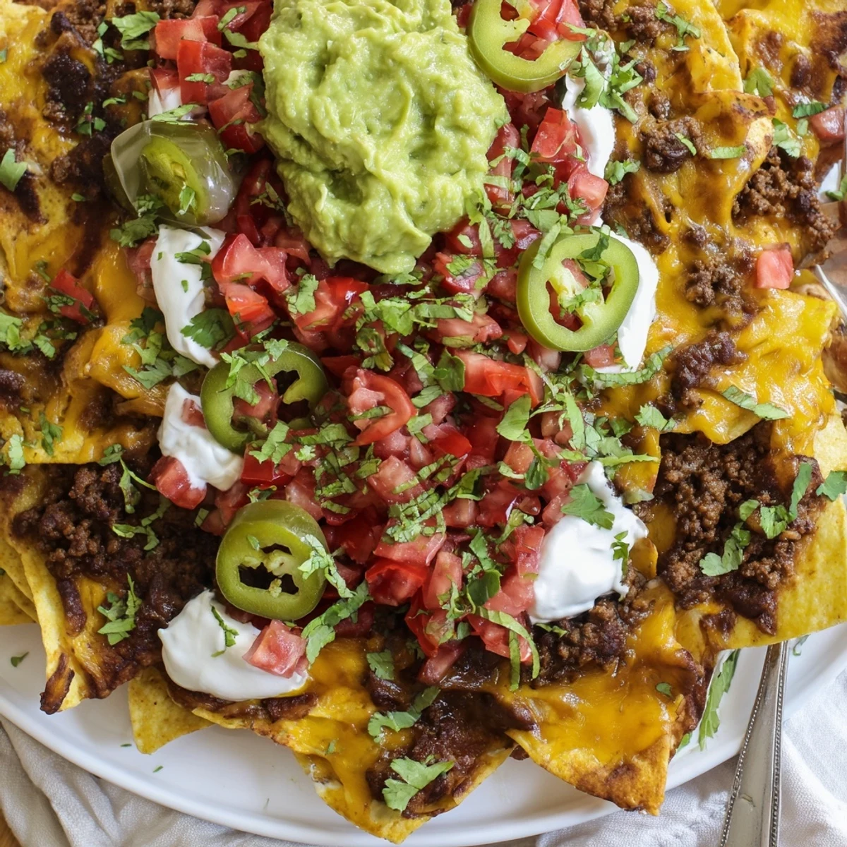 Golden Texas Nachos piled high with seasoned beef and melted cheddar cheese
