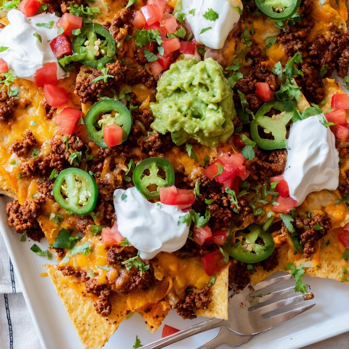 Loaded Texas Nachos layered with spiced ground beef, fresh jalapeños, and sour cream