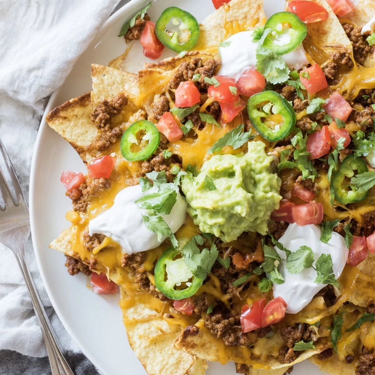 Baked Texas Nachos with bubbly cheese, vibrant tomato, and creamy guacamole topping