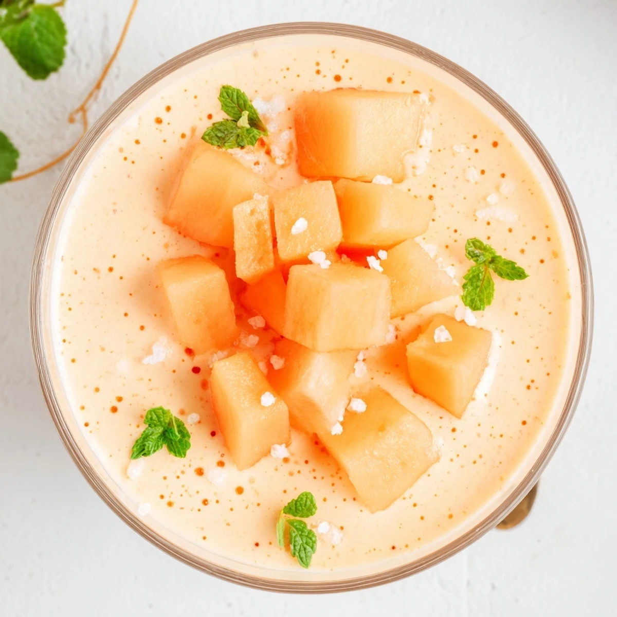 Garnished cantaloupe sea salt cream dessert topped with fresh mint and flaky sea salt crystals