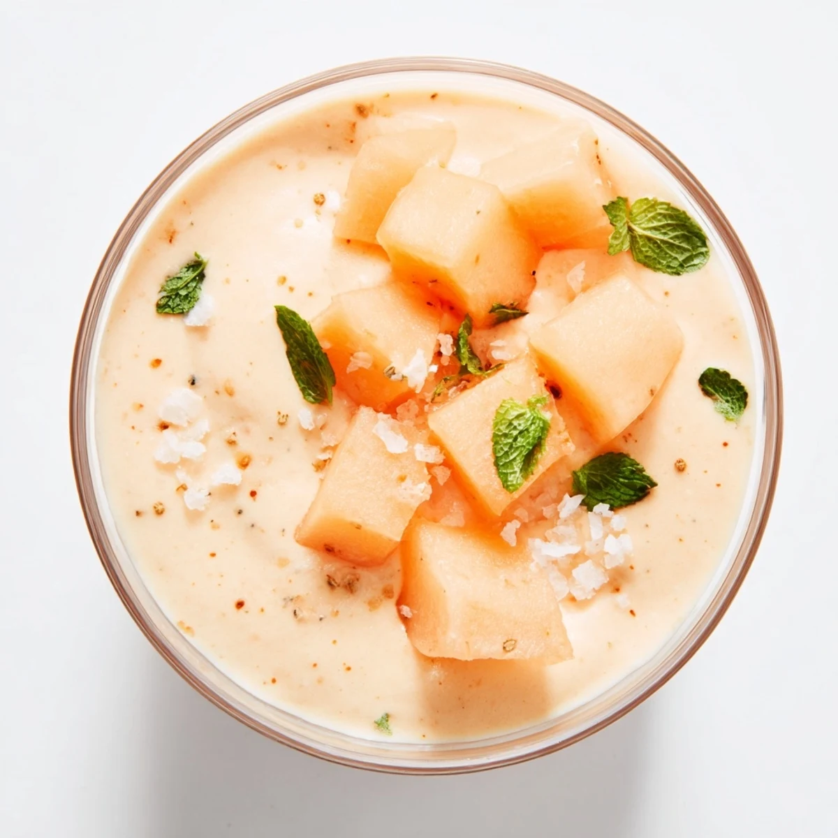 Creamy cantaloupe sea salt cream in glass bowls featuring smooth orange puree and white cream swirls