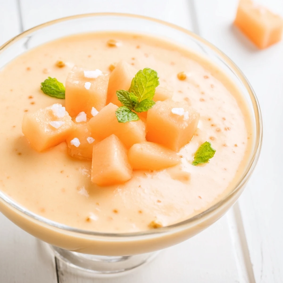 Refreshing cantaloupe sea salt cream dessert served chilled with mint sprigs and extra cantaloupe cubes