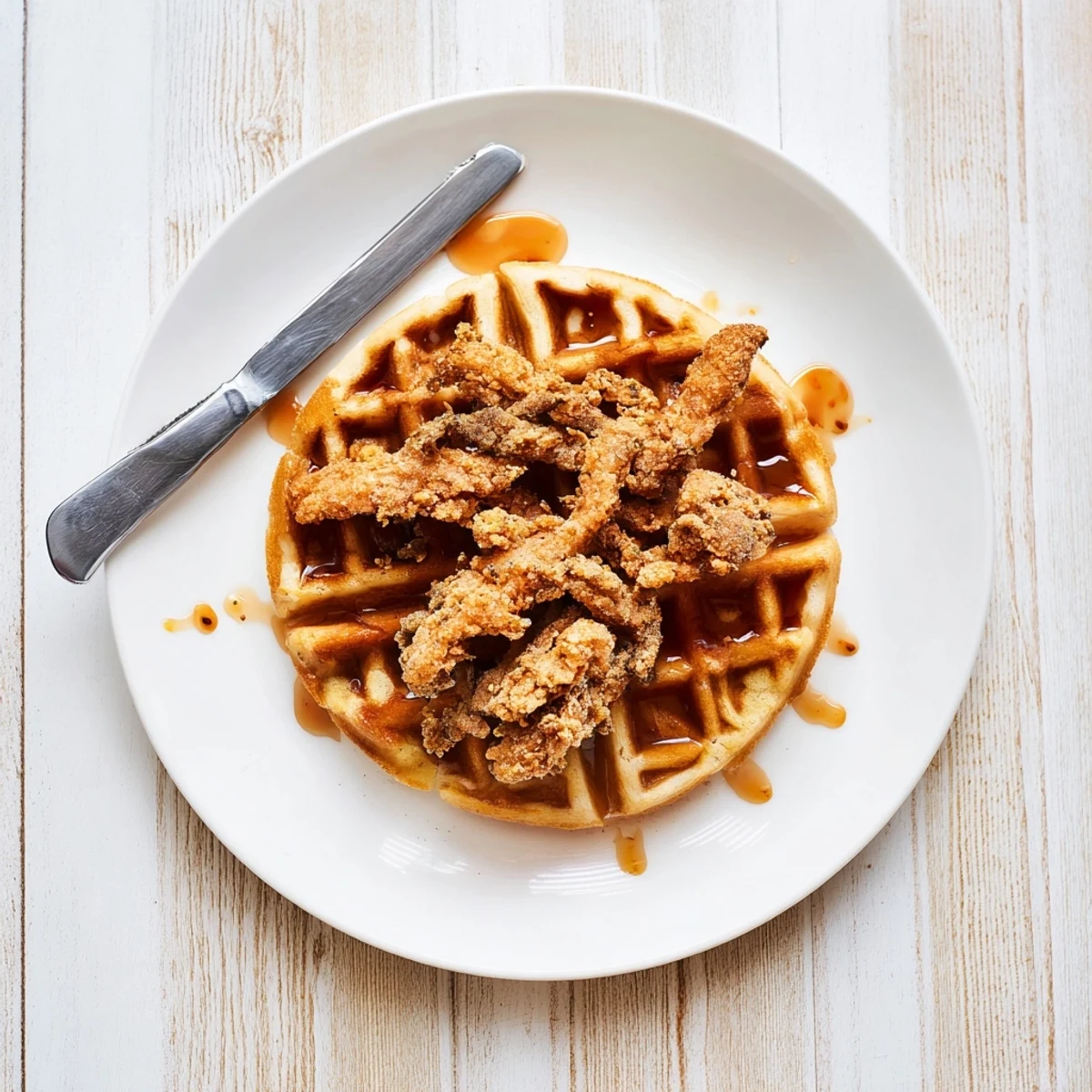 Golden crispy vegan chicken and waffles topped with maple hot sauce drizzle
