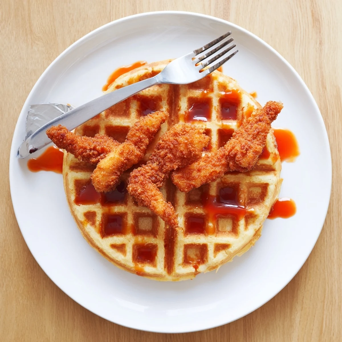 Stack of fluffy waffles crowned with breaded plant-based chicken strips for Juneteenth