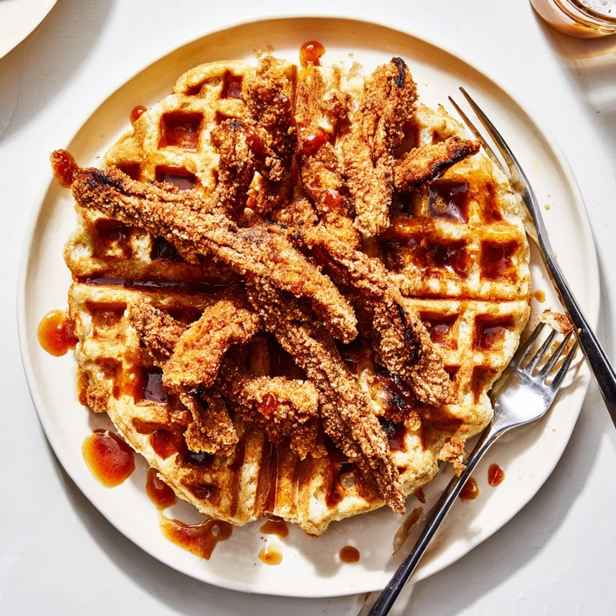 Southern-style vegan chicken and waffles plated with sweet spicy maple glaze