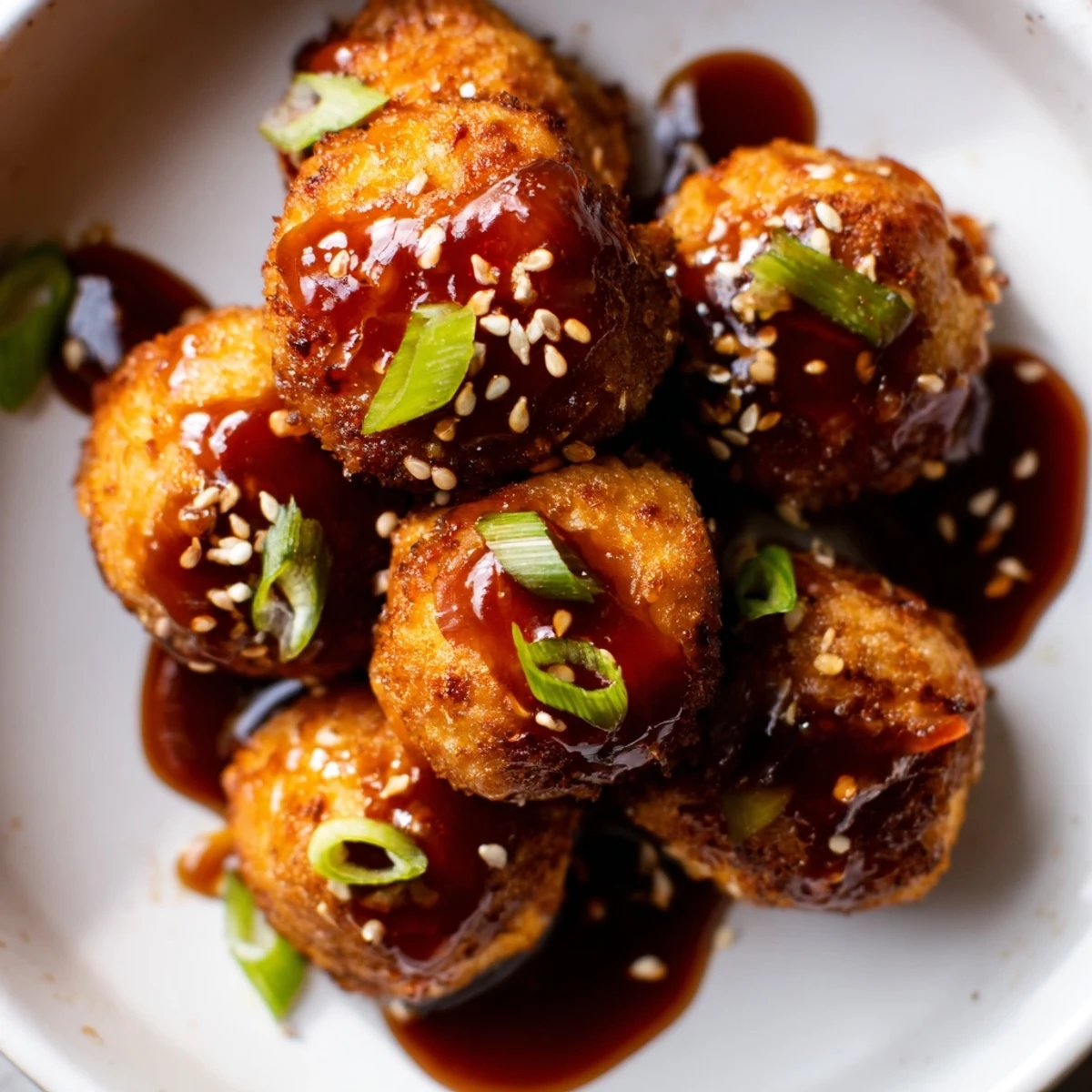 Plate of sweet chili tofu balls coated in tangy glaze with fresh scallion garnish