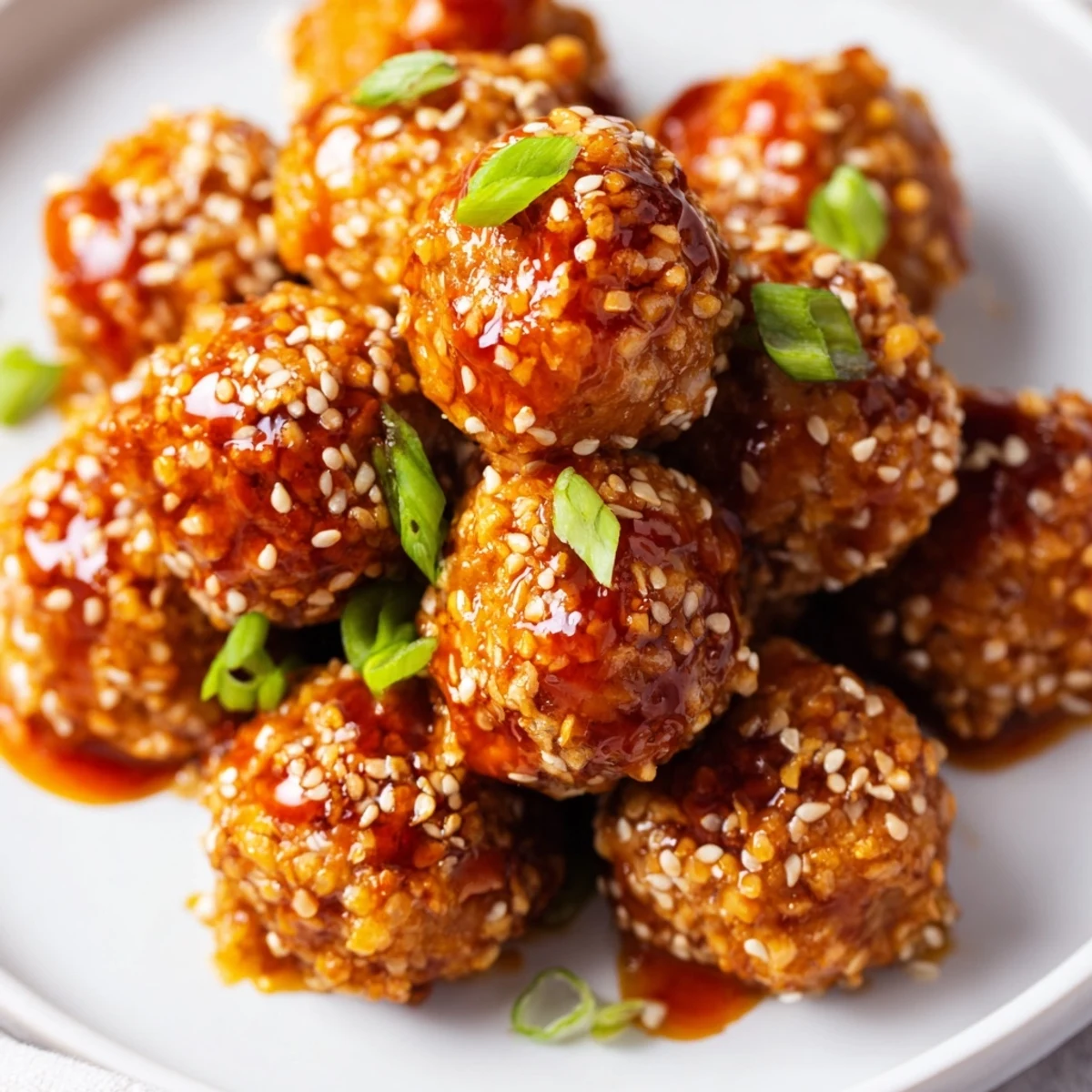 Vegan sweet chili tofu balls served on white rice with spicy sauce coating