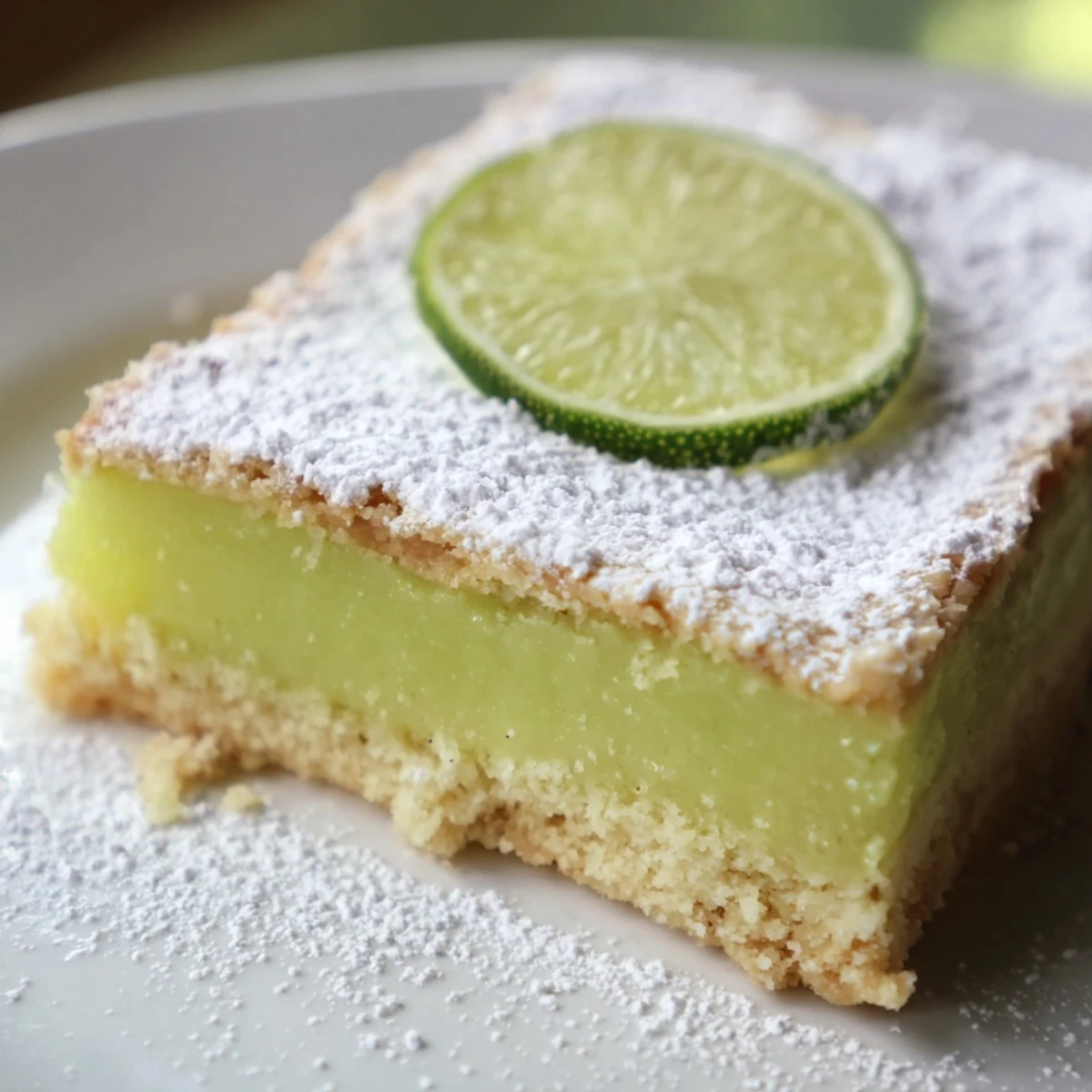 Fresh zesty lime citrus bars cut into squares with white powdered sugar topping