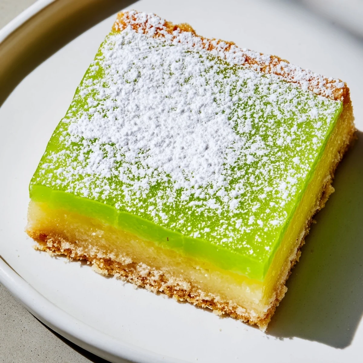 Golden zesty lime citrus bars with powdered sugar dusting on buttery shortbread crust