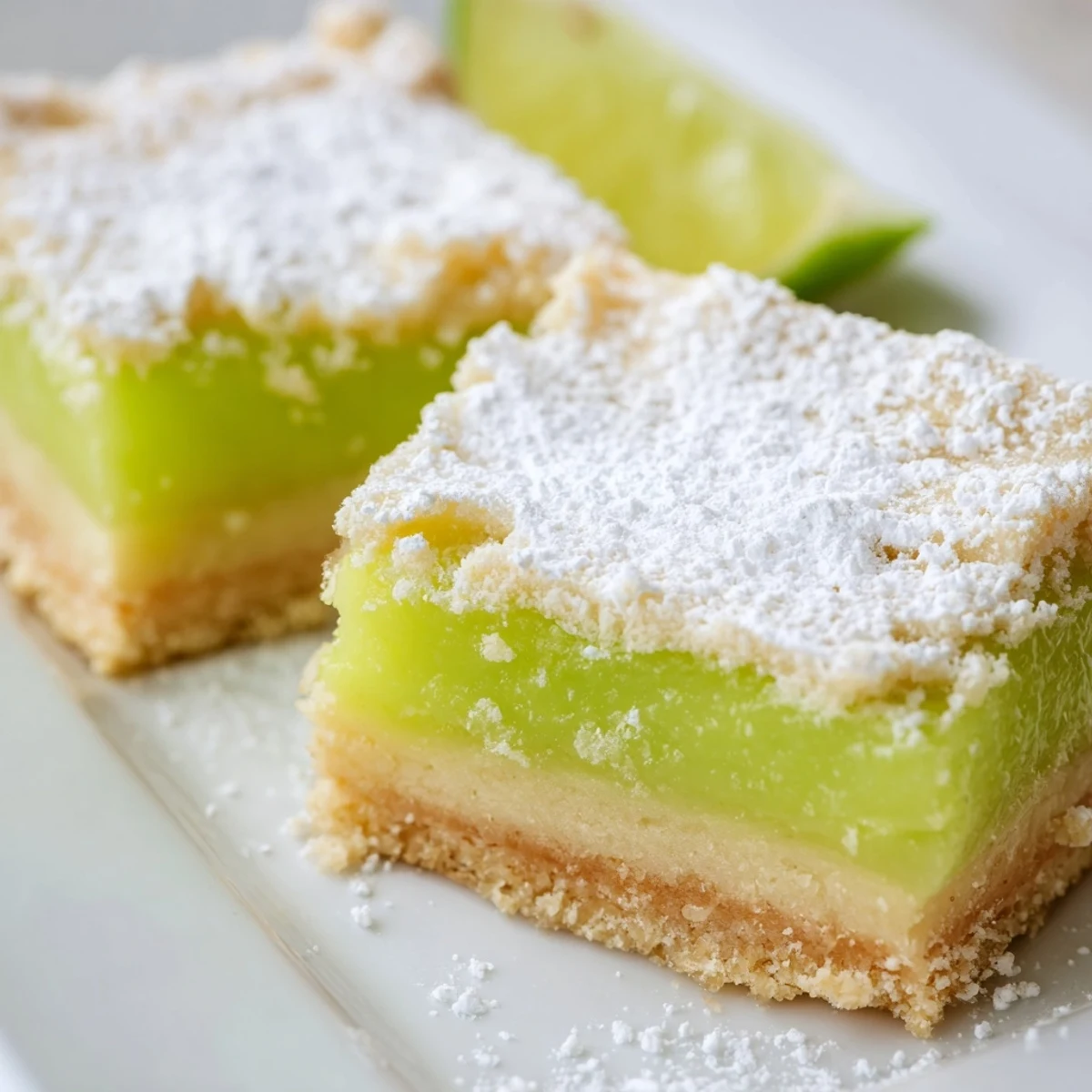 Bright green lime citrus filling baked over golden shortbread crust, dusted with powdered sugar