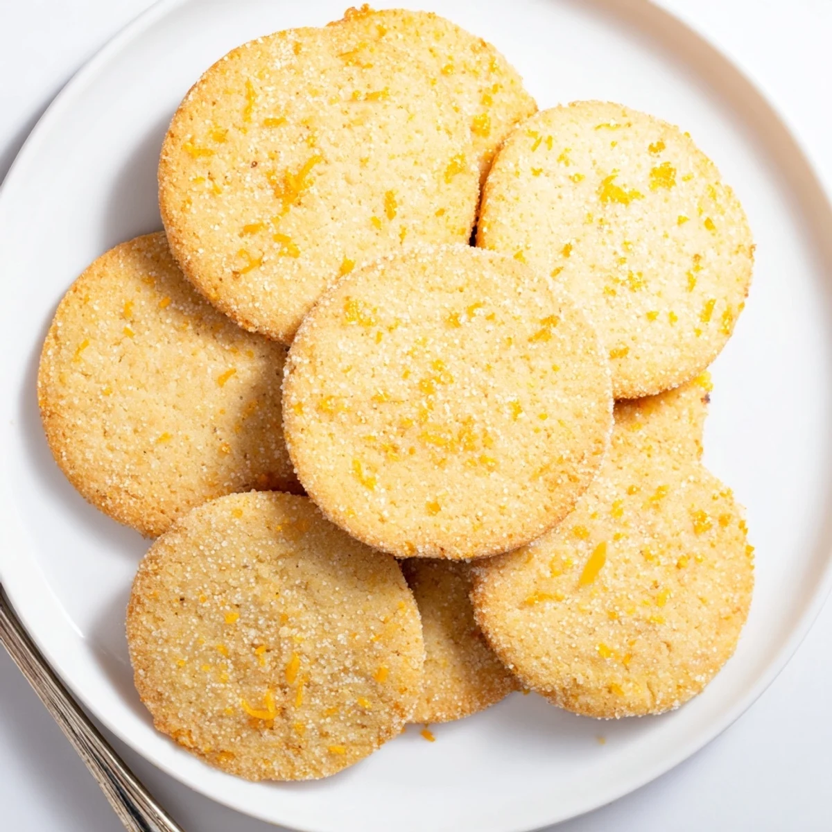 Golden orange sugar zest cookies with sparkling sugar coating on a white plate