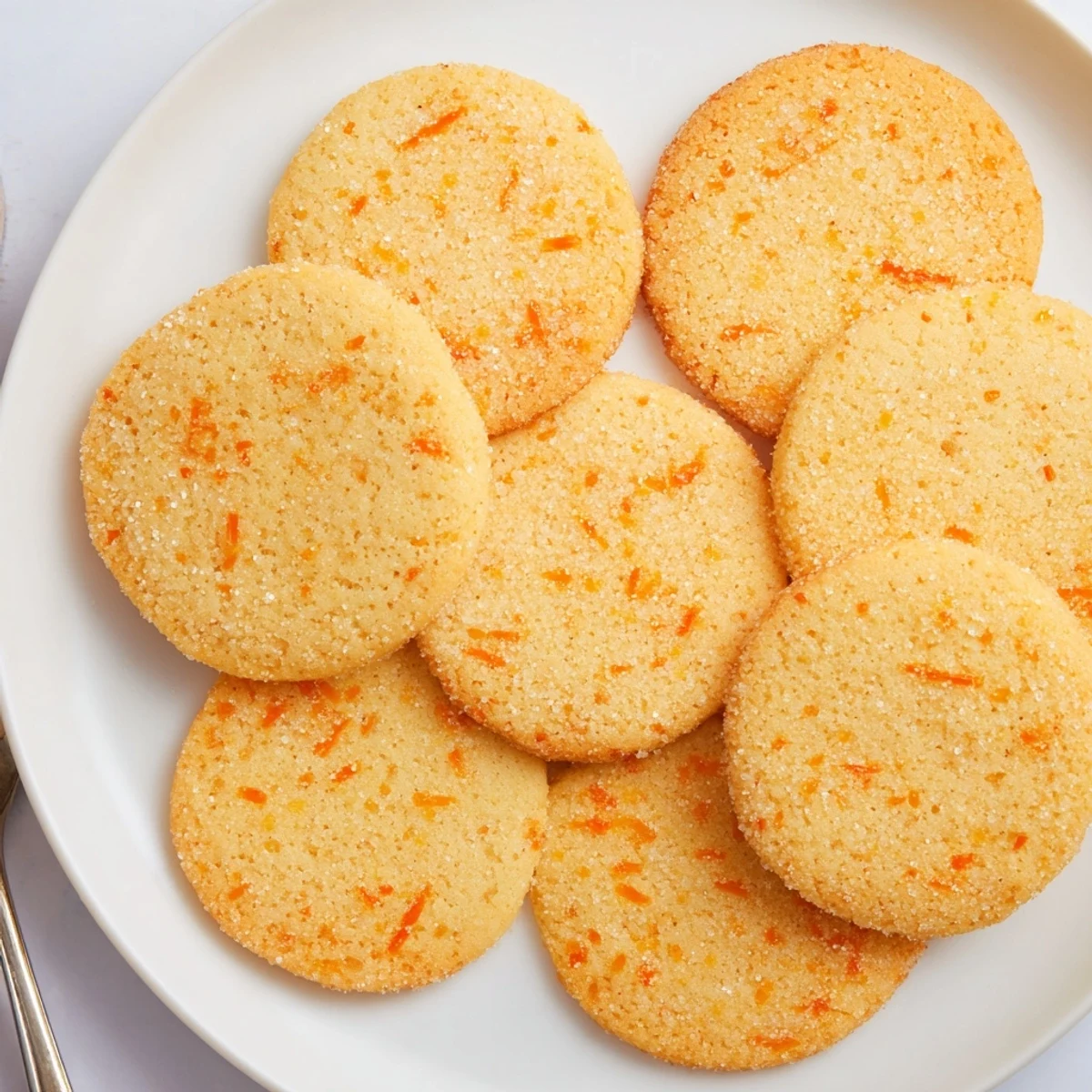 Buttery orange sugar zest cookies stacked on a wooden cutting board with orange slices