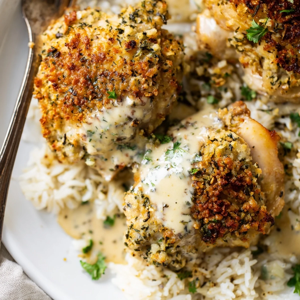 Golden Herb Crusted Chicken Thighs In Creamy Garlic Sauce With Rice, steaming and aromatic