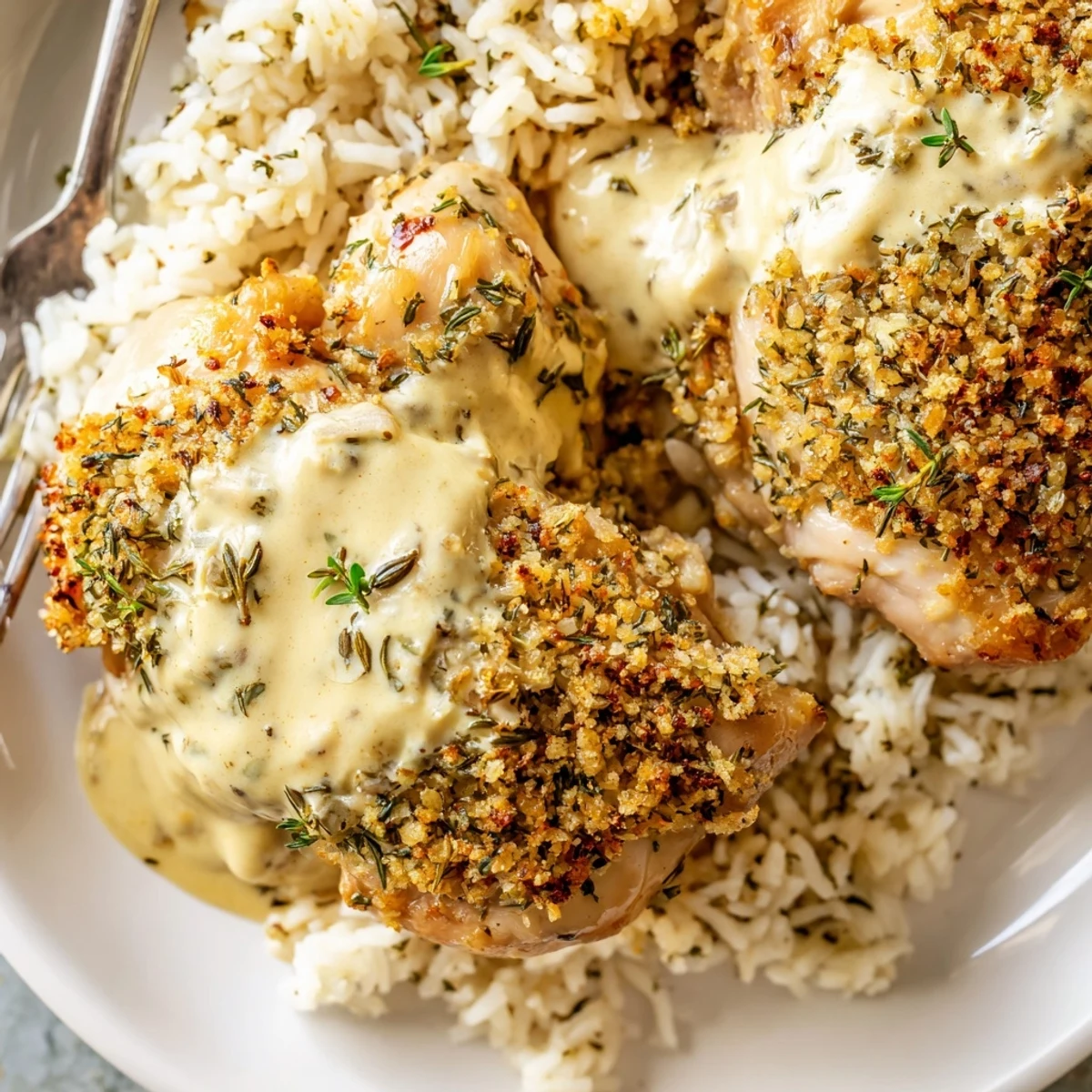 Hearty plate of Golden Herb Crusted Chicken Thighs In Creamy Garlic Sauce With Rice