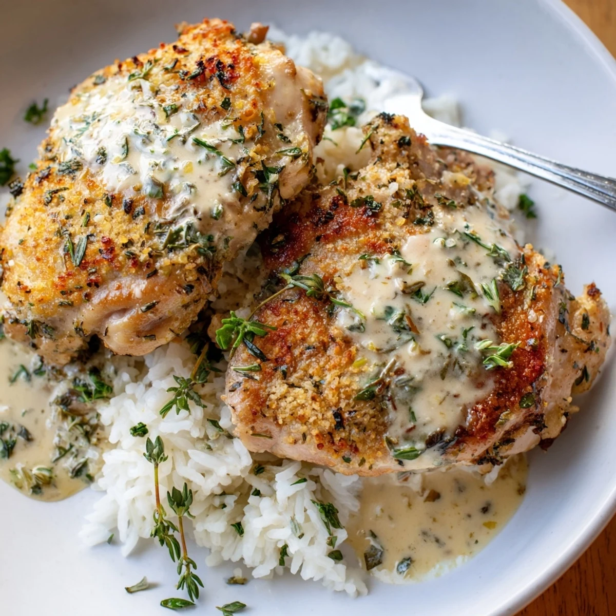 Golden Herb Crusted Chicken Thighs In Creamy Garlic Sauce With Rice, crispy herb crust