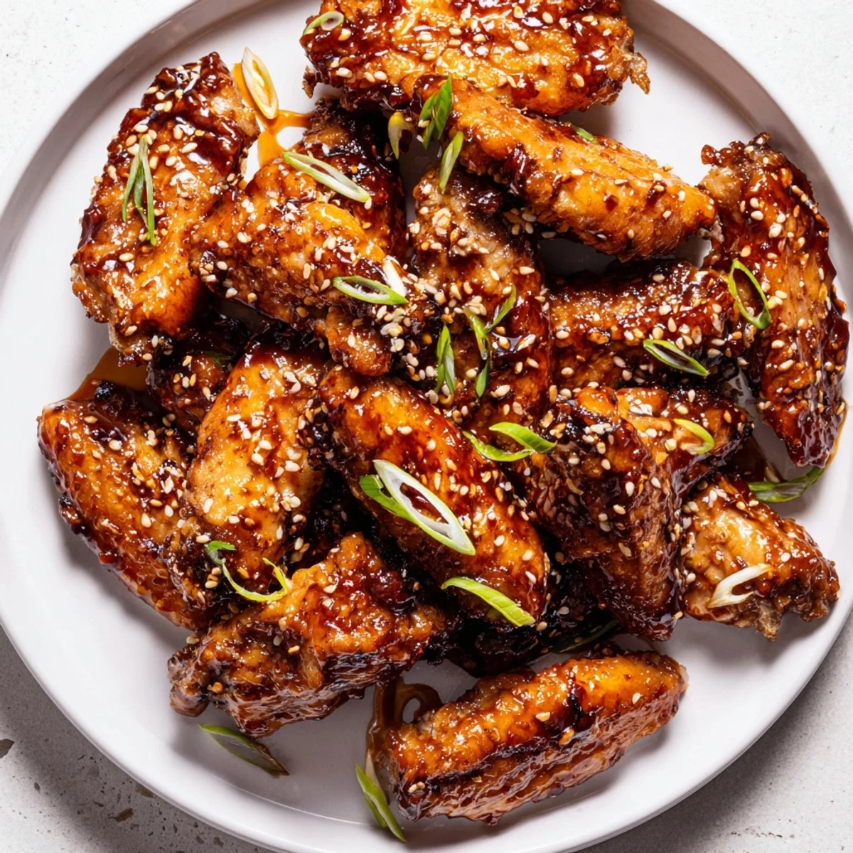 Sticky Teriyaki Baked Wings glistening with caramelized sauce, garnished with scallions