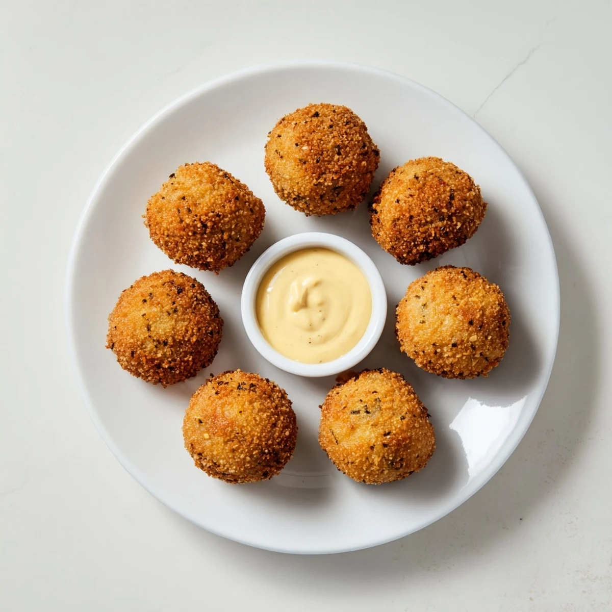 Plate of savory Cajun boudin balls appetizer garnished with fresh green onion slices