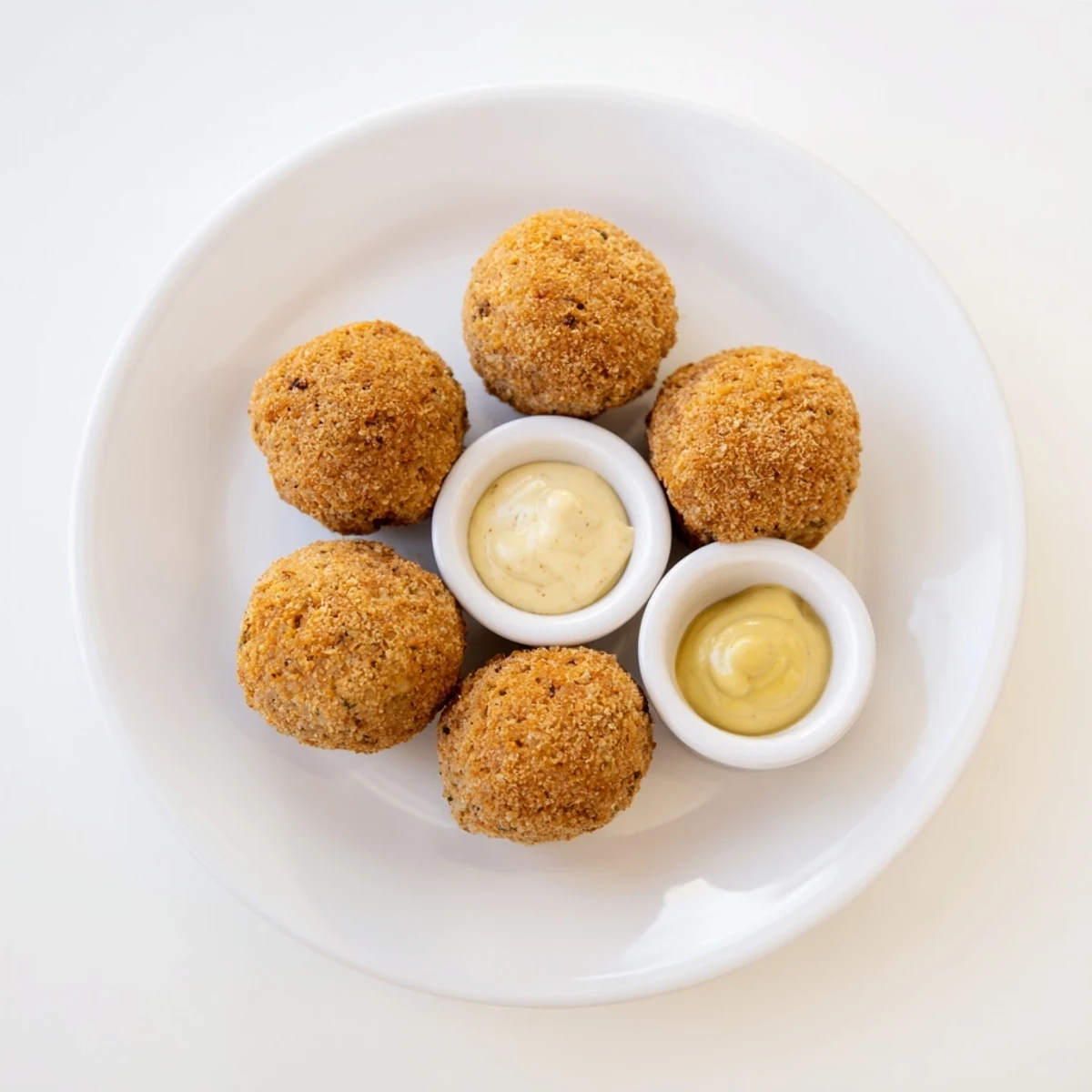 Golden brown Cajun boudin balls served on a white platter with remoulade dipping sauce