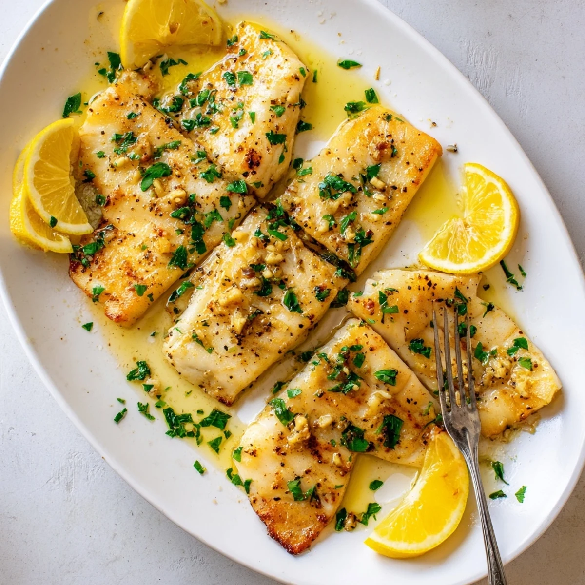 Golden baked Lemon Garlic Fish Recipe garnished with fresh parsley and lemon wedges