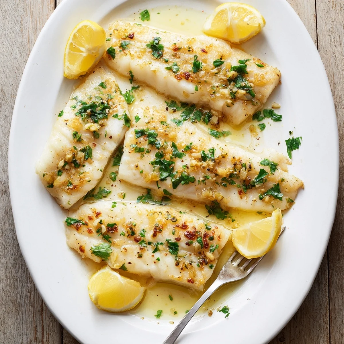 Mediterranean-style Lemon Garlic Fish Recipe served on a white plate with bright citrus