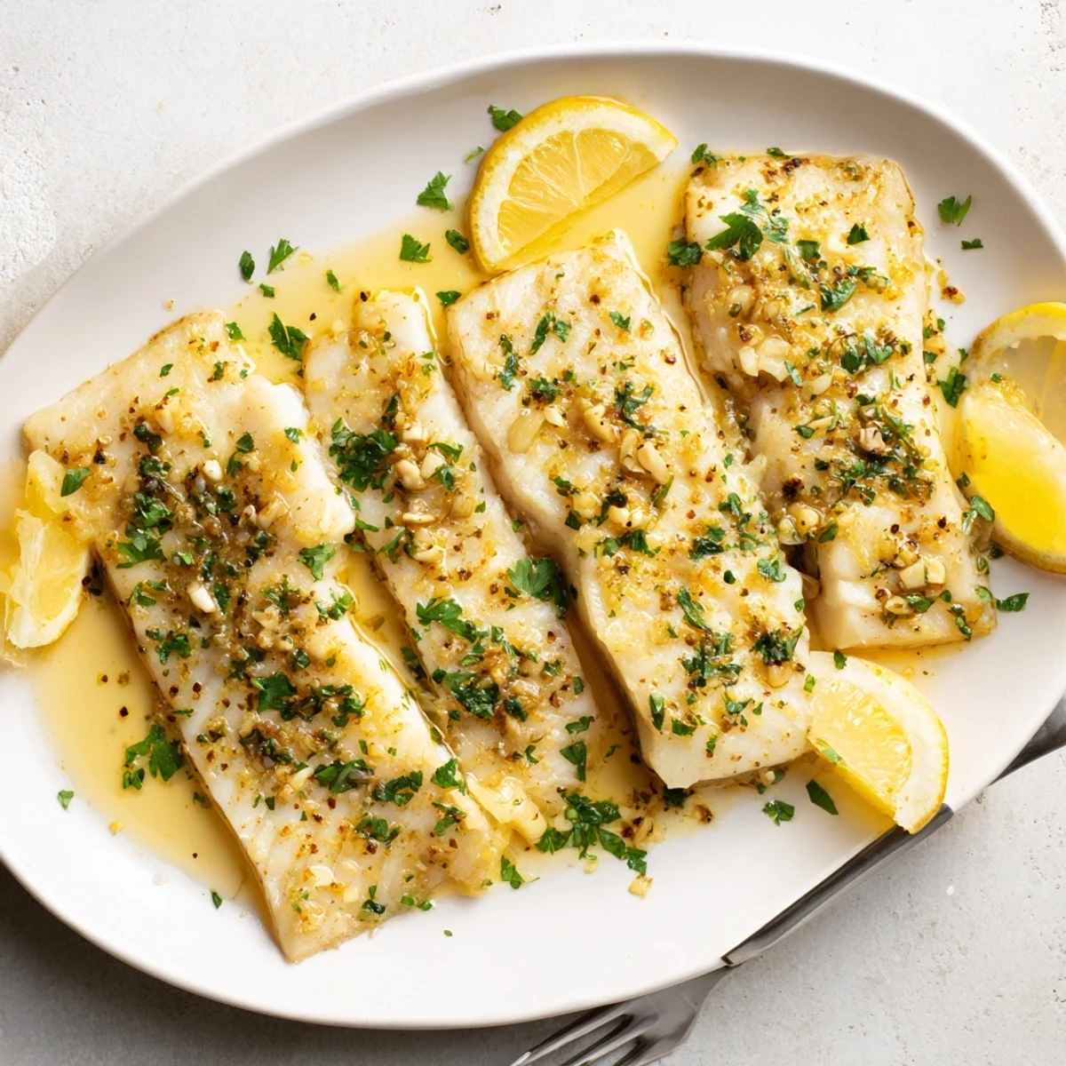 Tender white fish fillets marinated in lemon garlic sauce, perfectly cooked and flaky