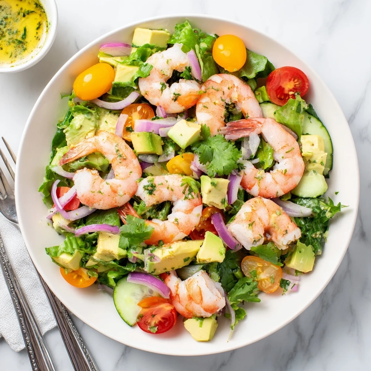 Fresh shrimp avocado salad recipe featuring plump pink shrimp, creamy diced avocado, and crisp vegetables tossed in zesty citrus dressing