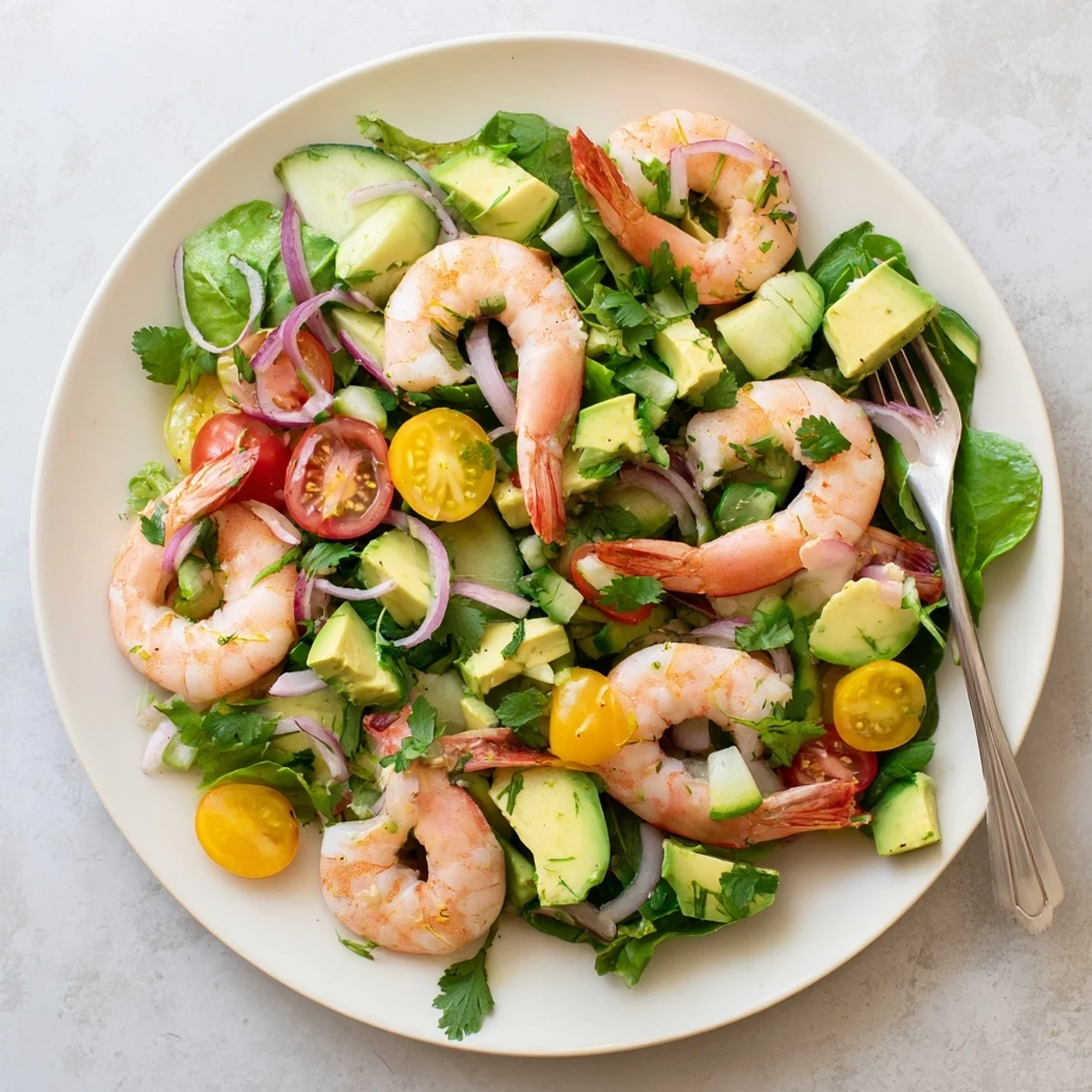Light and refreshing shrimp avocado salad recipe displaying succulent seafood, ripe avocado chunks, and vibrant mixed greens perfect for healthy lunches