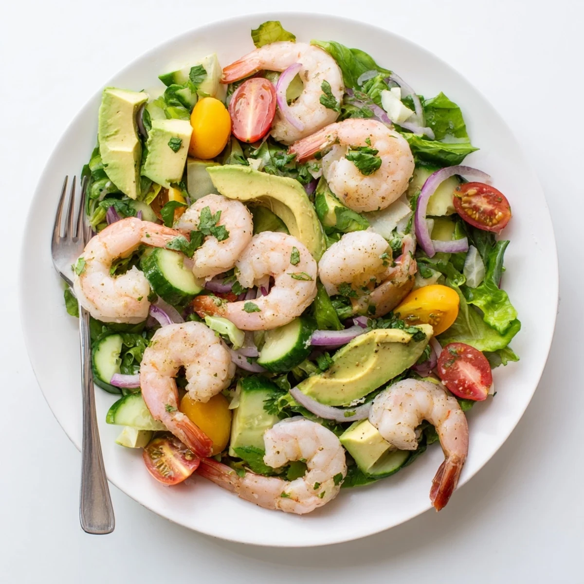 Colorful shrimp avocado salad recipe arranged in a bowl with cherry tomatoes, cucumber slices, and tender greens drizzled with lime