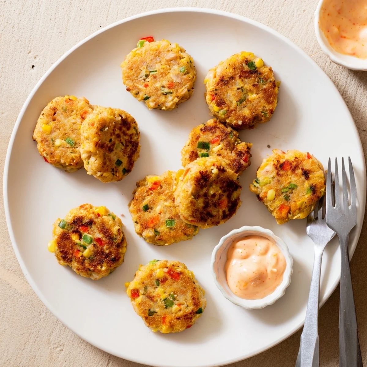 Golden brown Asian tuna cakes arranged on a white plate with a side of spicy mayonnaise dip