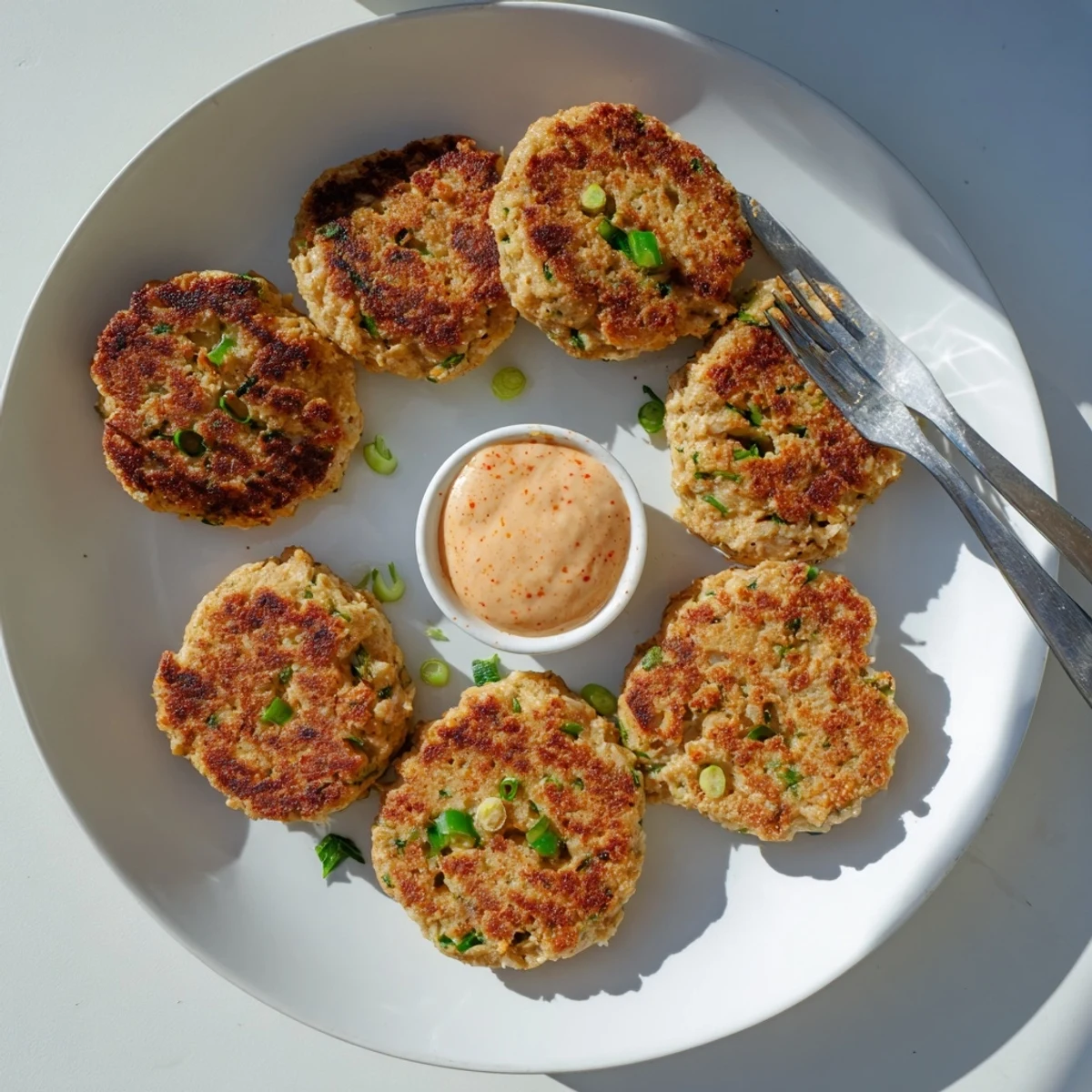 Homemade Asian tuna cakes with golden edges and a bowl of spicy mayonnaise for dipping