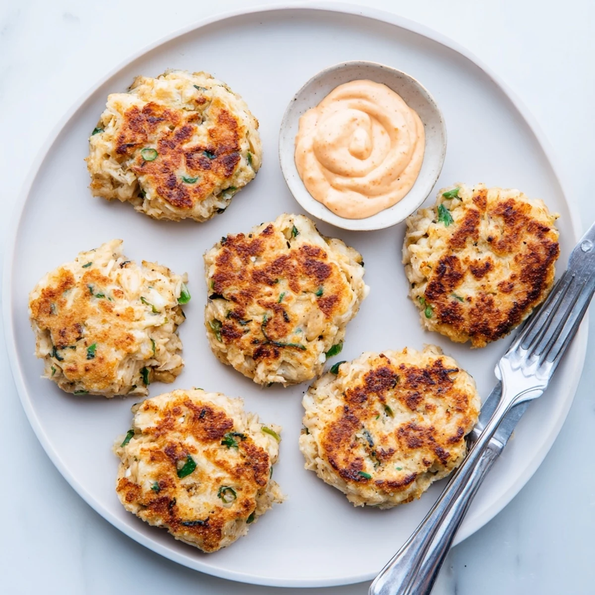 Crispy pan-fried tuna patties topped with fresh cilantro and served alongside creamy sriracha mayo sauce