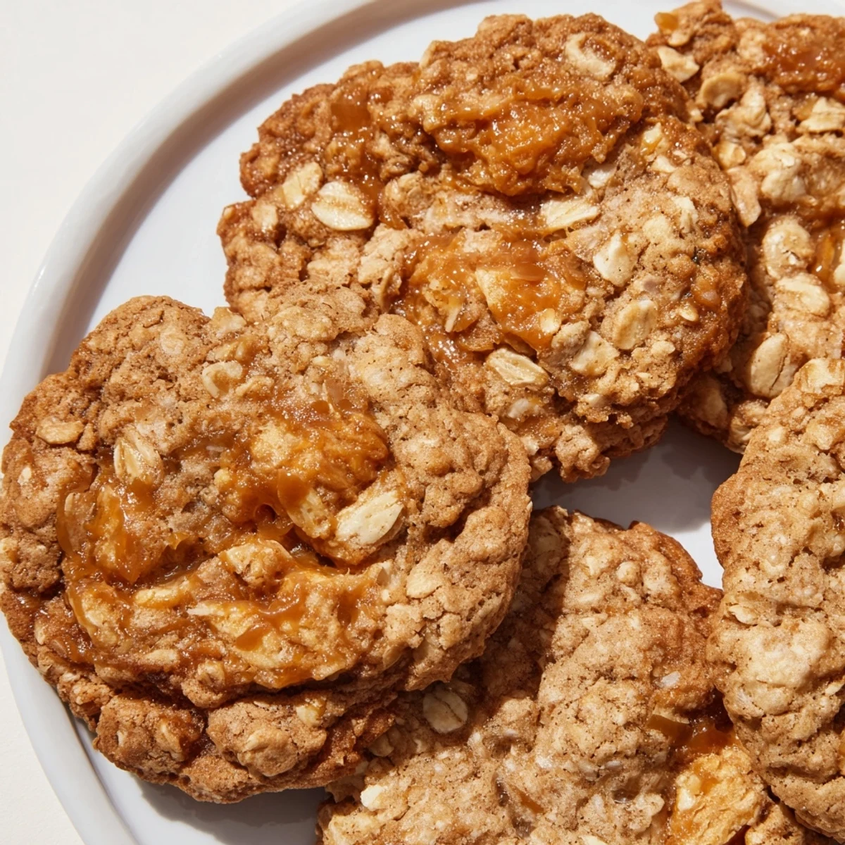 Golden brown Biscoff oatmeal Lotus cookies topped with caramelized cookie butter chunks on a white plate