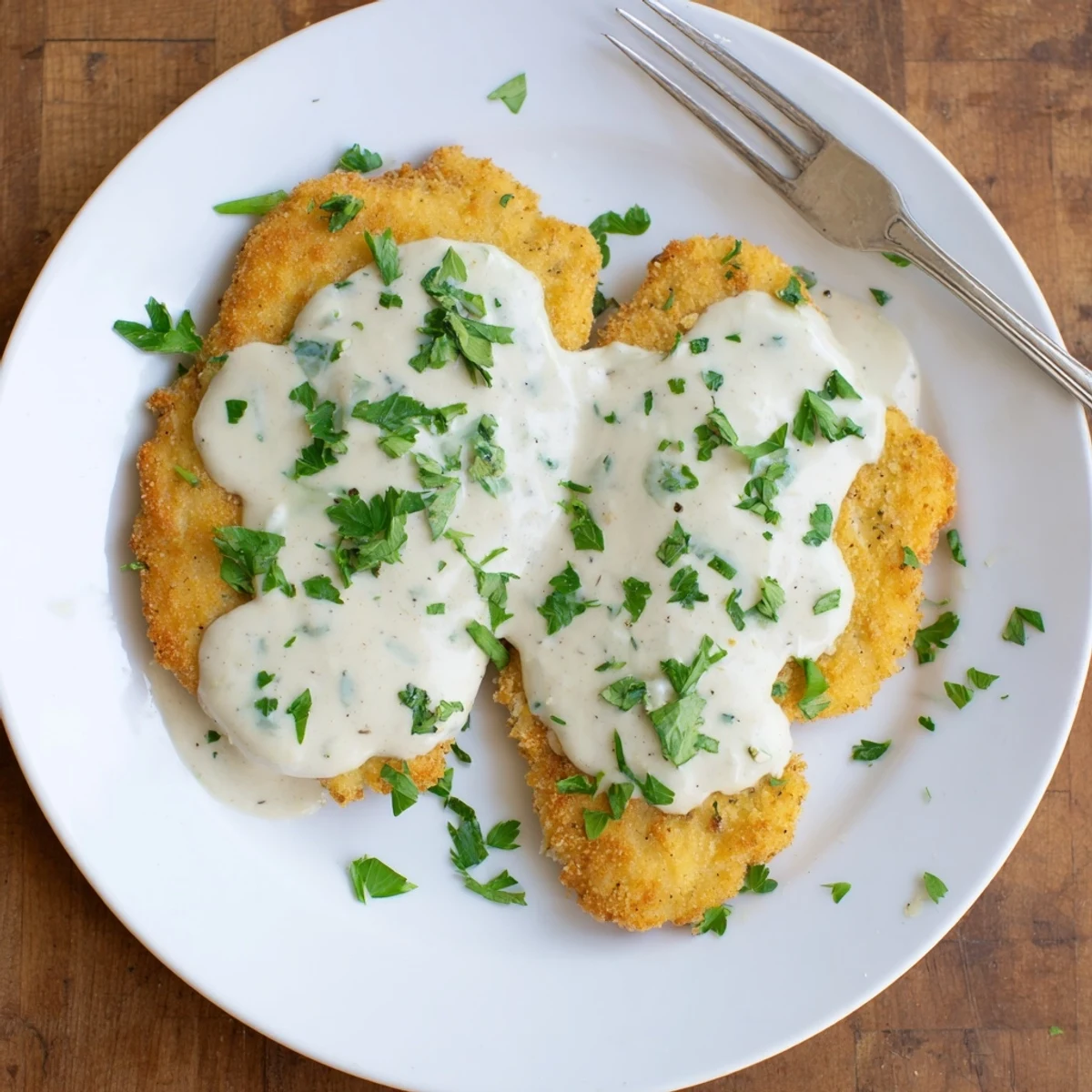 Golden crispy chicken breasts drizzled with rich velvety parmesan cream sauce and fresh parsley garnish