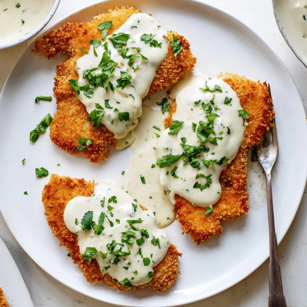 Oven-baked breaded chicken breast smothered in a smooth white garlic parmesan sauce over a serving platter