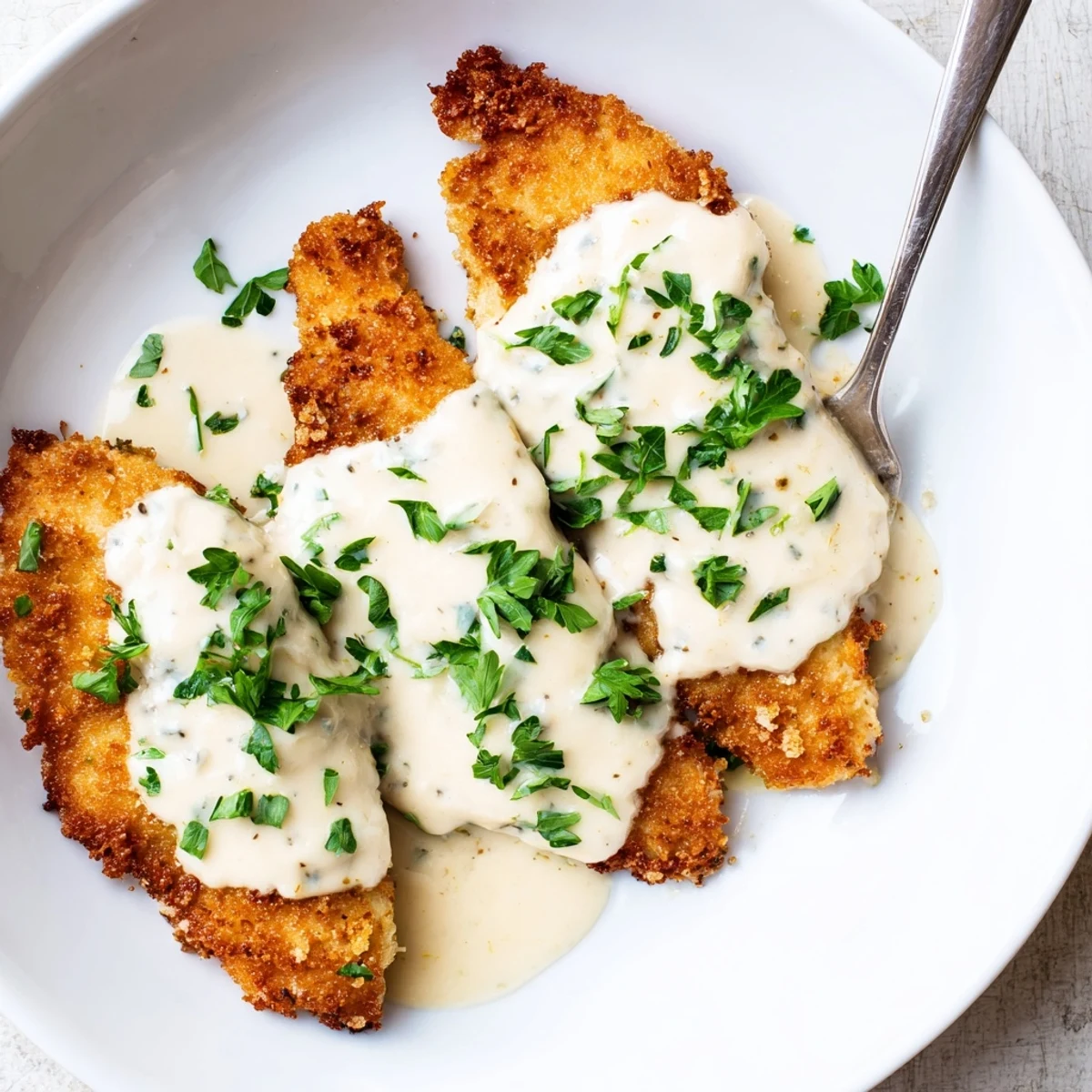 Succulent crispy chicken cream recipe featuring crunchy panko crust topped with homemade thick creamy sauce