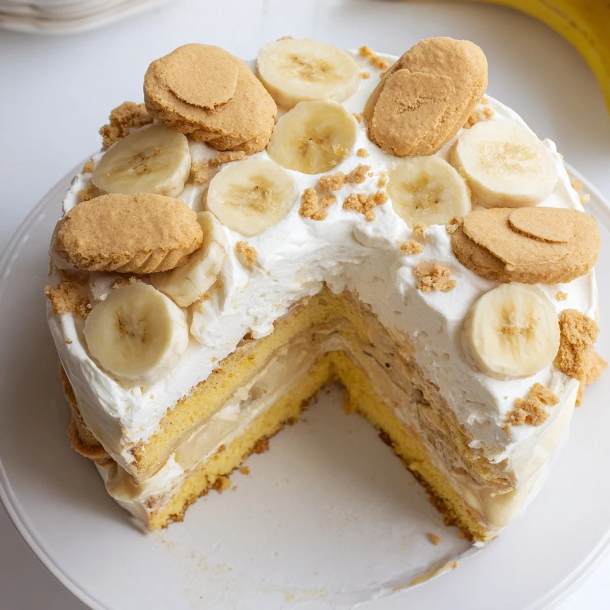 Moist banana pudding cake layered with creamy vanilla pudding, fresh banana slices, and crushed vanilla wafers