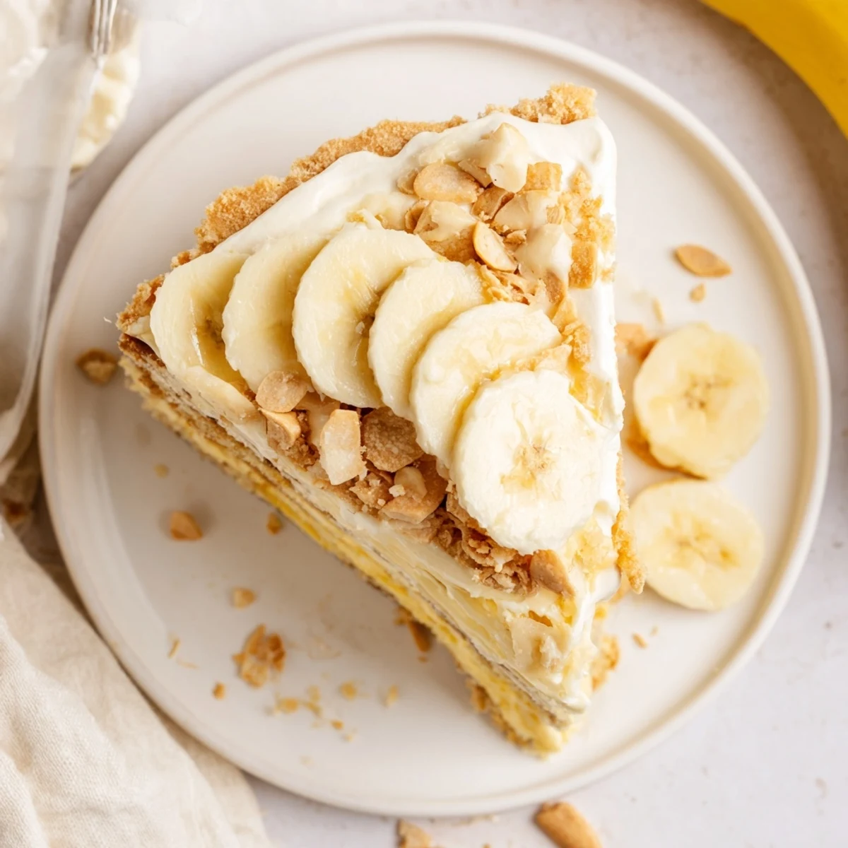 Southern-style banana pudding cake dessert topped with whipped cream and garnished with fresh banana rounds