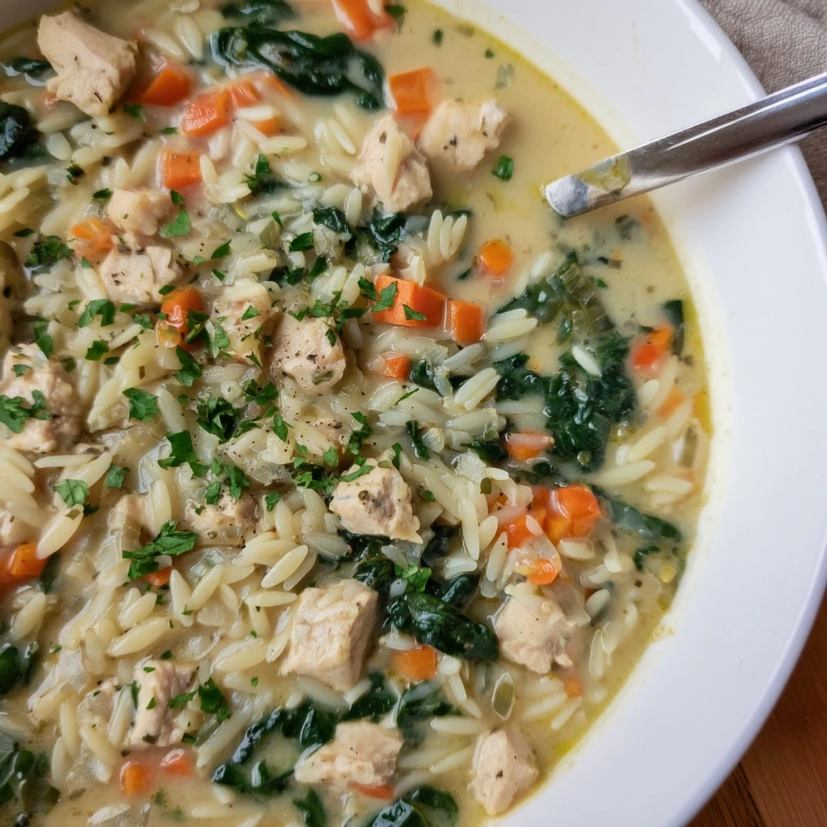 Creamy Chicken Florentine Soup With Orzo, steaming bowl topped with parsley  