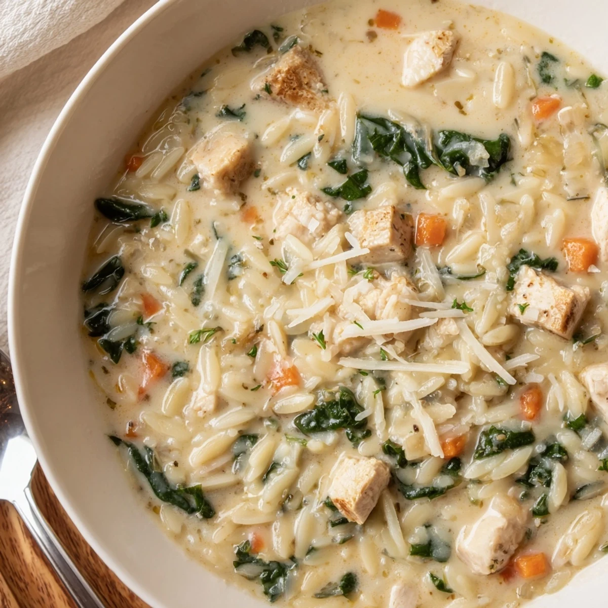 A velvety Creamy Chicken Florentine Soup With Orzo, tender chicken and spinach  