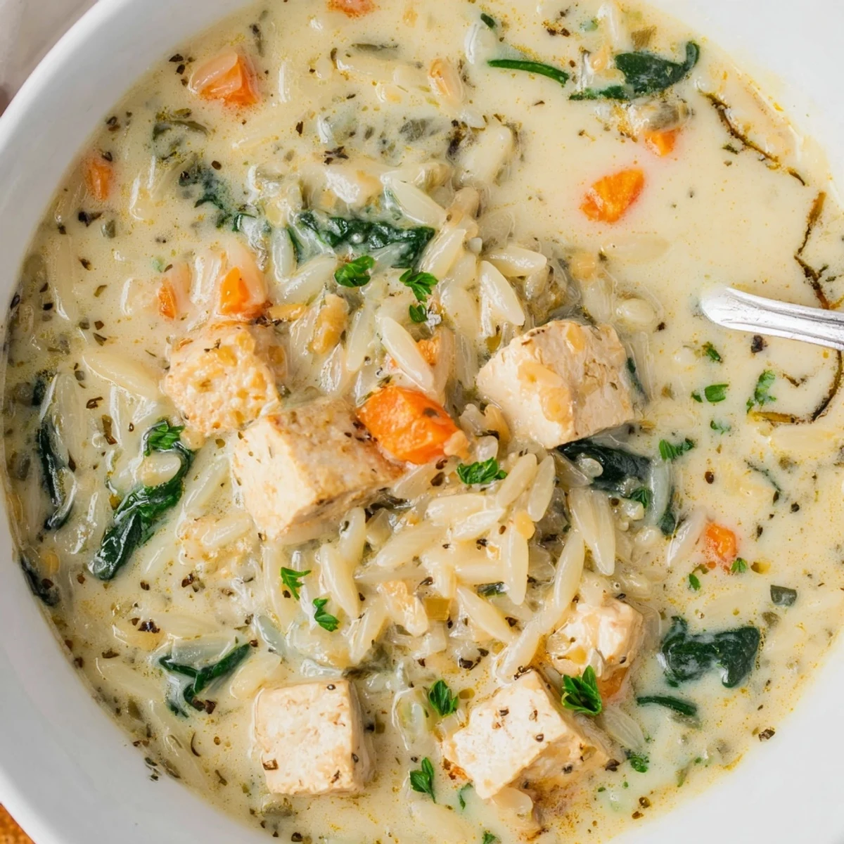 Creamy Chicken Florentine Soup With Orzo spooned over crusty bread, savory aroma