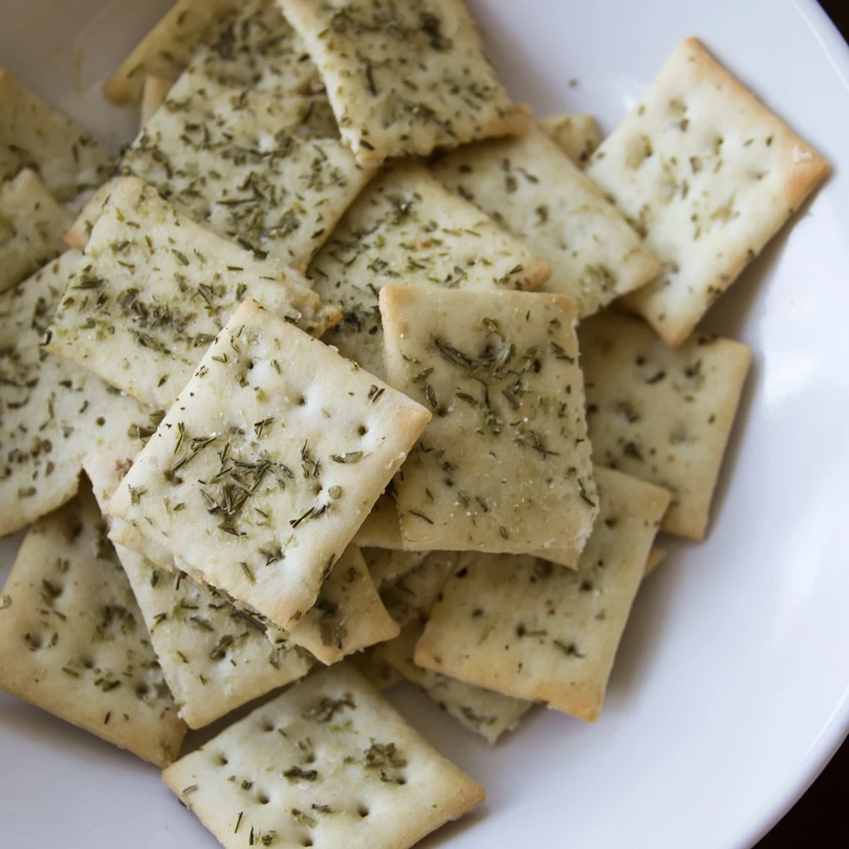 Dill Pickle Saltines piled in a bowl, tangy, crunchy, oven-baked snack  