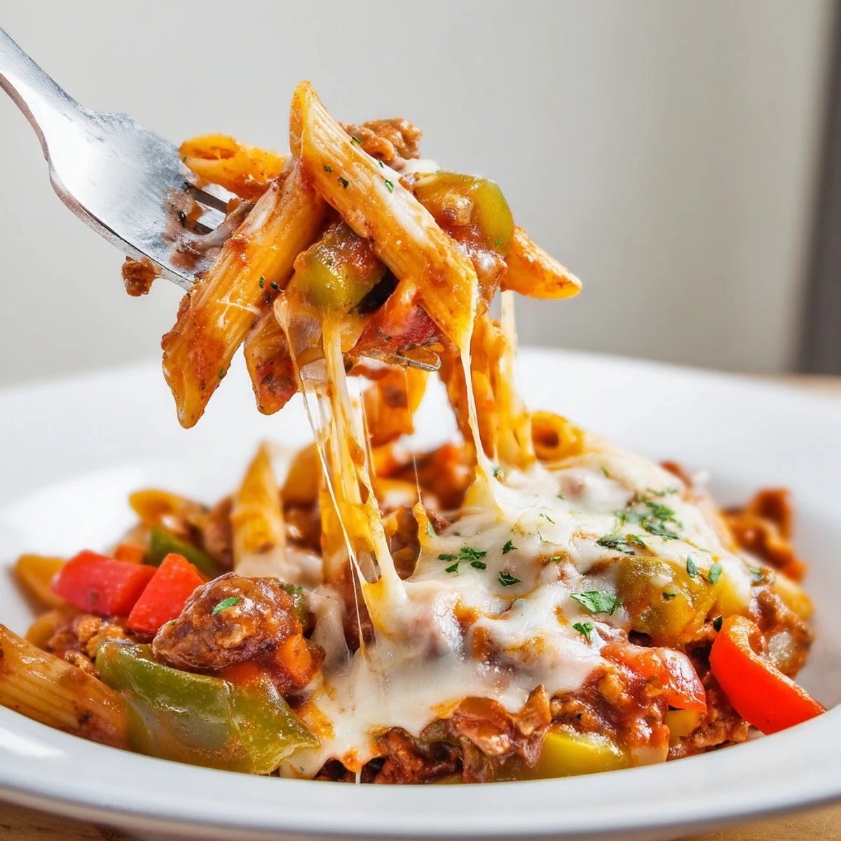 Cheesy Stuffed Pepper Skillet Pasta bubbling in skillet, melty cheese, bright peppers.