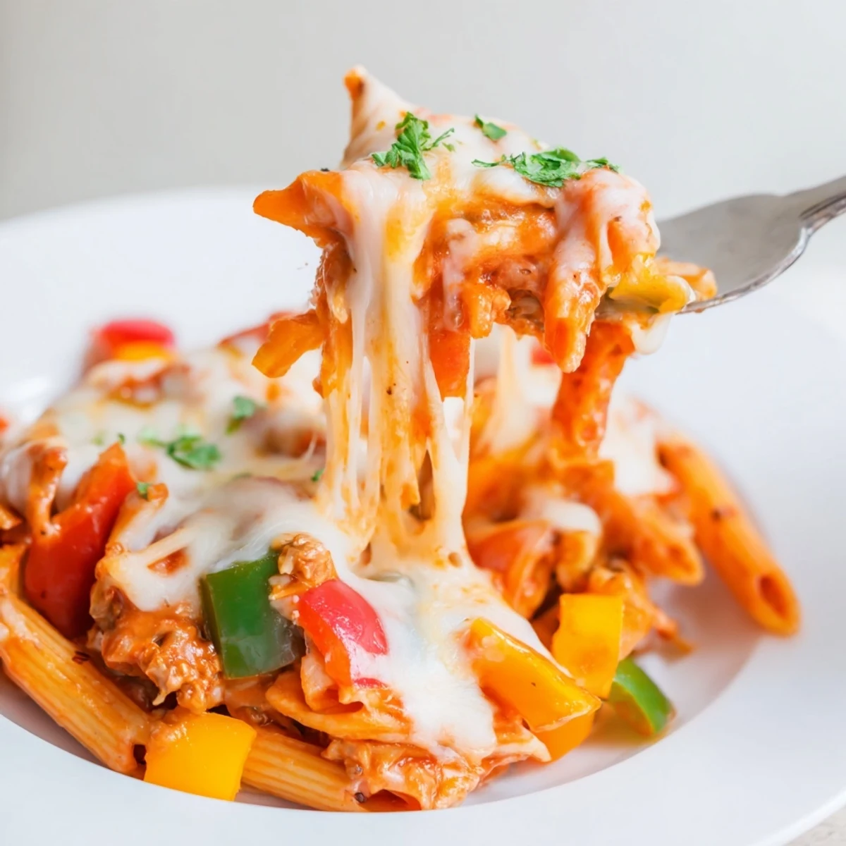 Hearty Cheesy Stuffed Pepper Skillet Pasta served hot with parsley garnish.
