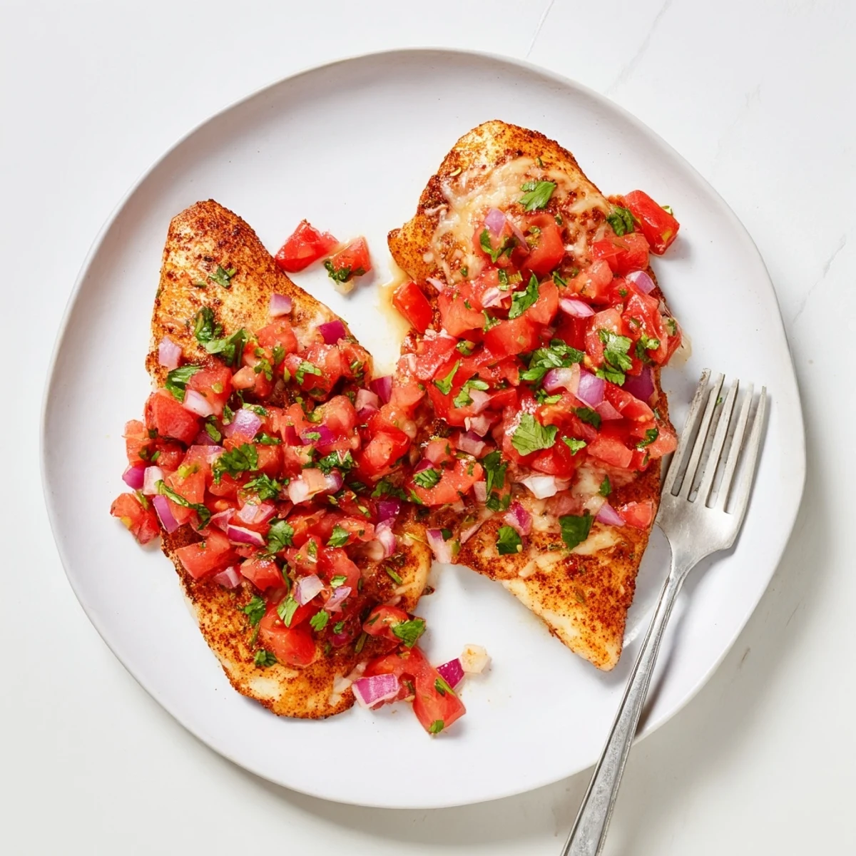 Salsa Fresca Chicken Bake with bubbling cheese, bright tomatoes and cilantro  