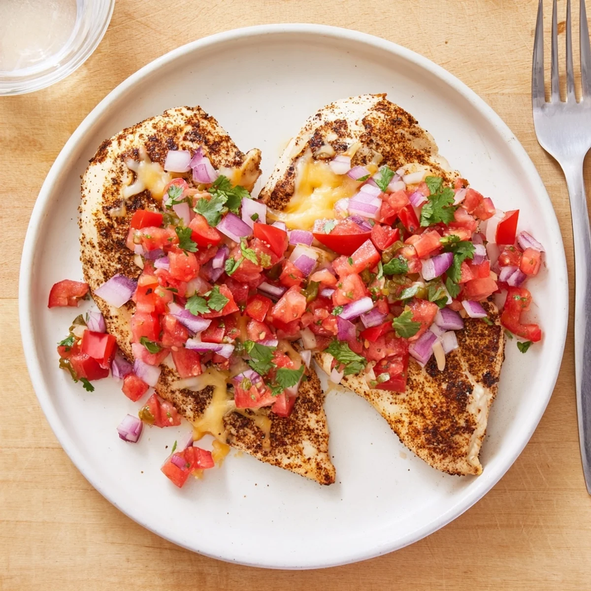 Oven-baked Salsa Fresca Chicken Bake served over rice, zesty lime aroma  