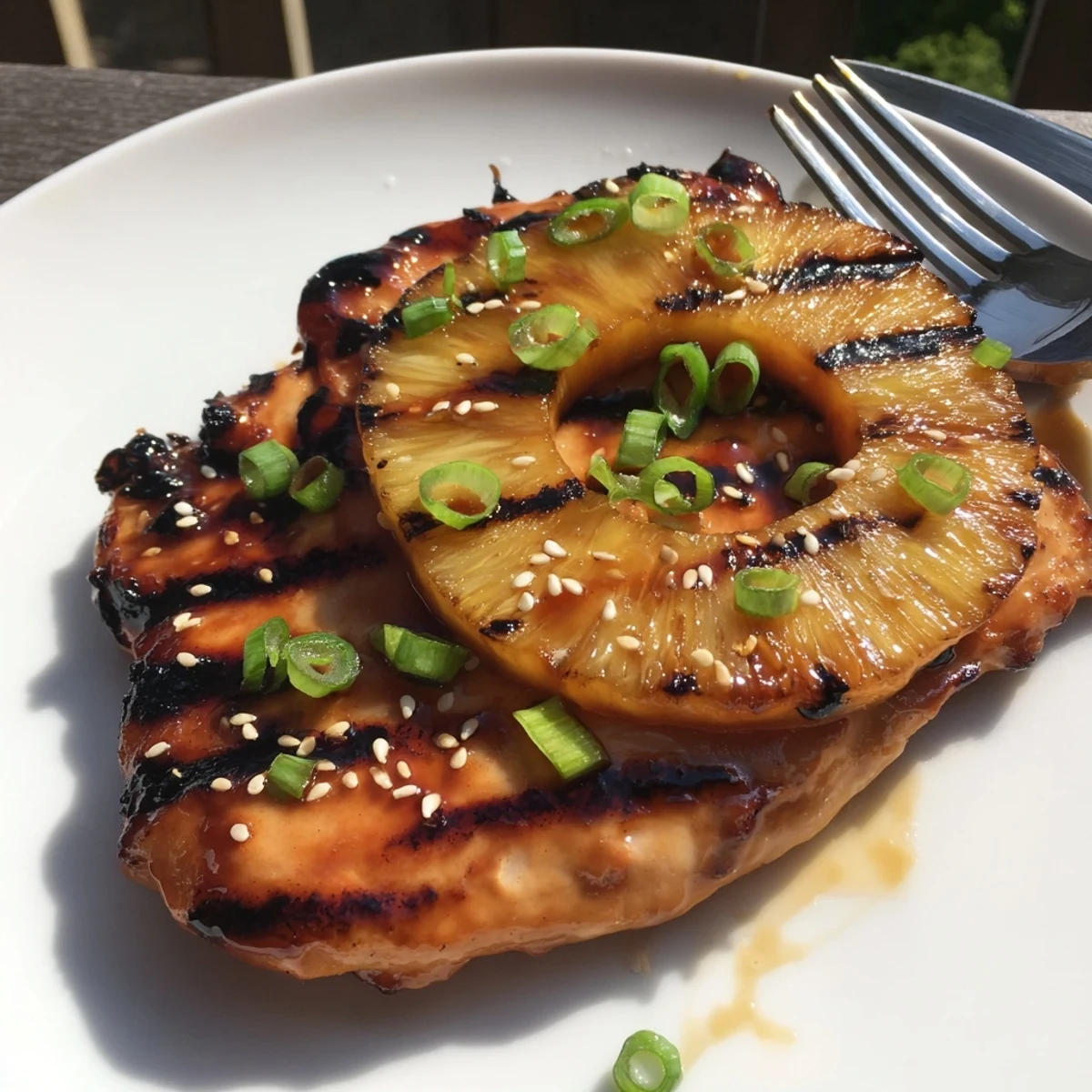 Grilled Aloha Chicken with charred pineapple rings, glossy sweet-soy glaze.