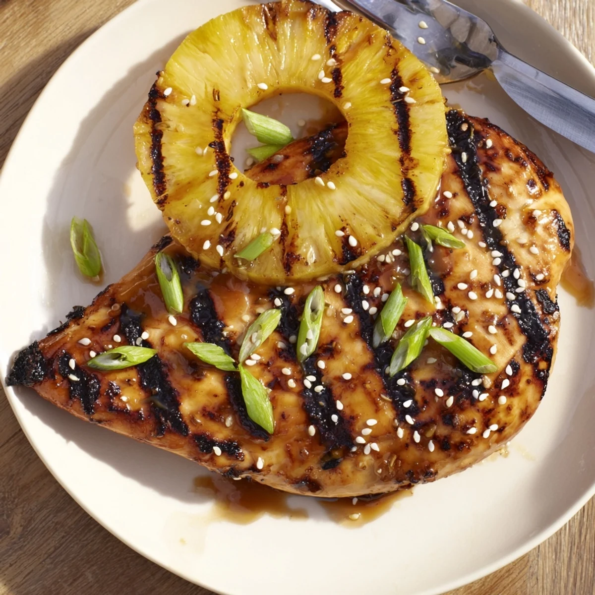 Juicy Grilled Aloha Chicken marinated in pineapple-soy, sizzling on hot grill.